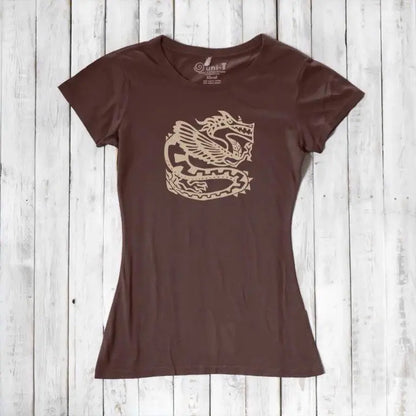 Dark brown women's bamboo & organic cotton dragon T-shirt featuring a bold fantasy graphic, ideal for modern mythology lovers.