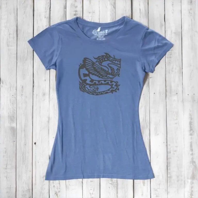 Light blue women's dragon T-shirt in bamboo & organic cotton with dark graphic print, sustainable fashion for fantasy art fans.
