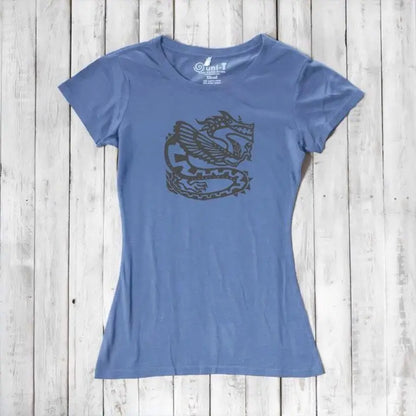 Light blue women's dragon T-shirt in bamboo & organic cotton with dark graphic print, sustainable fashion for fantasy art fans.