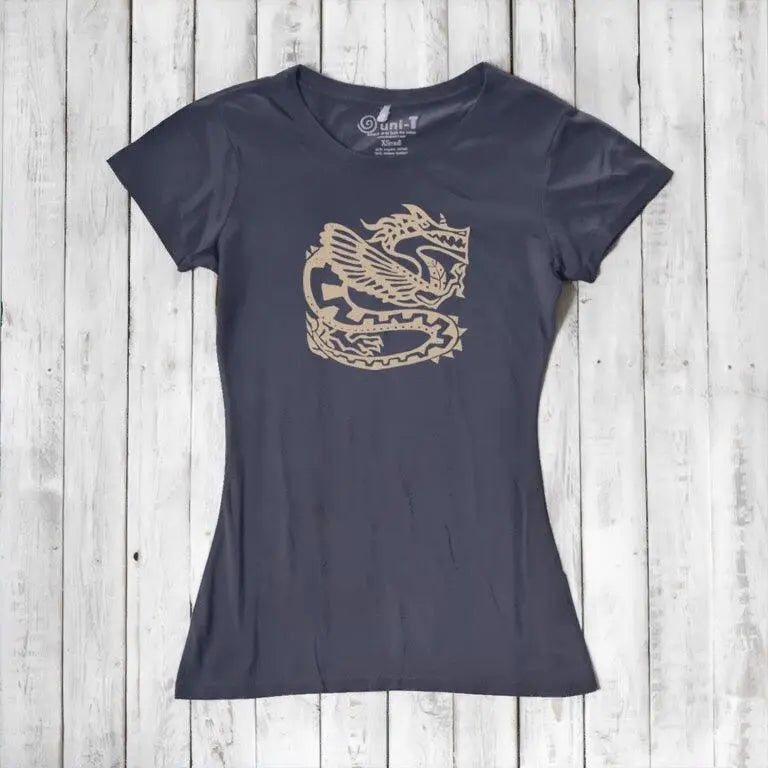 Navy women's bamboo & organic cotton T-shirt with beige dragon design, a stylish eco-conscious gift for fantasy lovers.