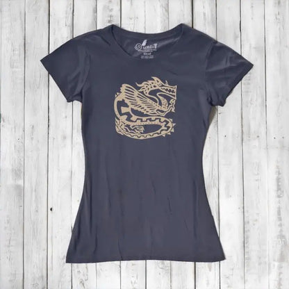 Navy women's bamboo & organic cotton T-shirt with beige dragon design, a stylish eco-conscious gift for fantasy lovers.