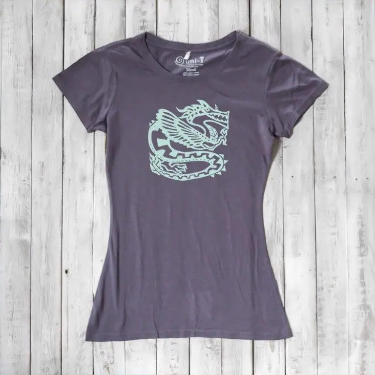 Dark purple women's dragon T-shirt made from bamboo & organic cotton, featuring a mint green fantasy dragon illustration.