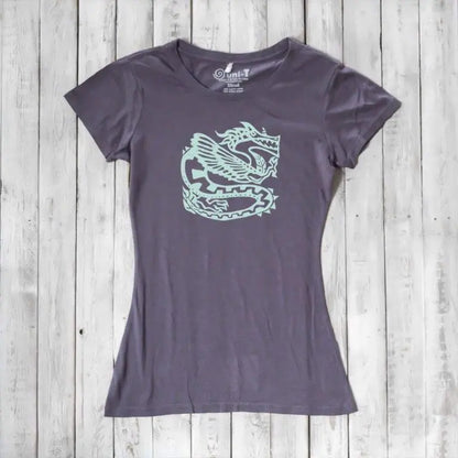 Dark purple women's dragon T-shirt made from bamboo & organic cotton, featuring a mint green fantasy dragon illustration.