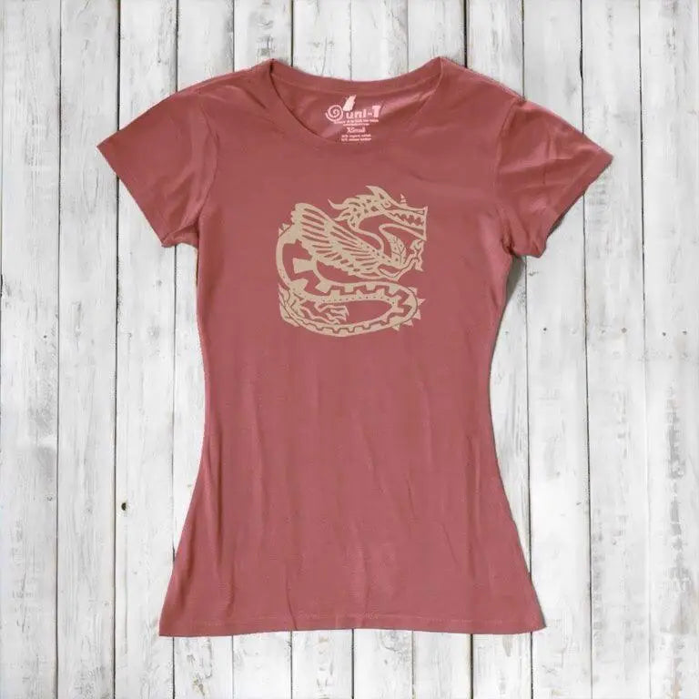 Rustic pink bamboo & organic cotton women's T-shirt with beige dragon graphic, perfect for fans of contemporary fantasy art.