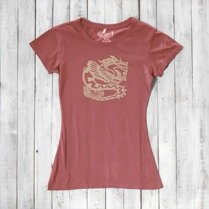 Rustic pink bamboo & organic cotton women's T-shirt with beige dragon graphic, perfect for fans of contemporary fantasy art.