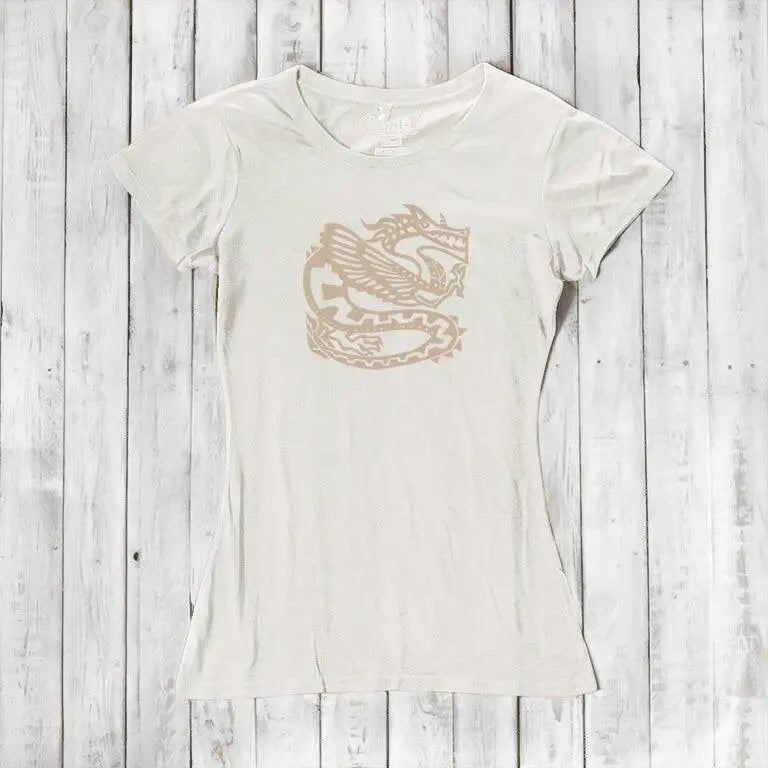 Ivory women's dragon T-shirt in bamboo & organic cotton with subtle beige fantasy graphic, soft and sustainable fashion piece.