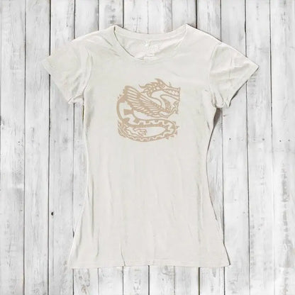 Ivory women's dragon T-shirt in bamboo & organic cotton with subtle beige fantasy graphic, soft and sustainable fashion piece.