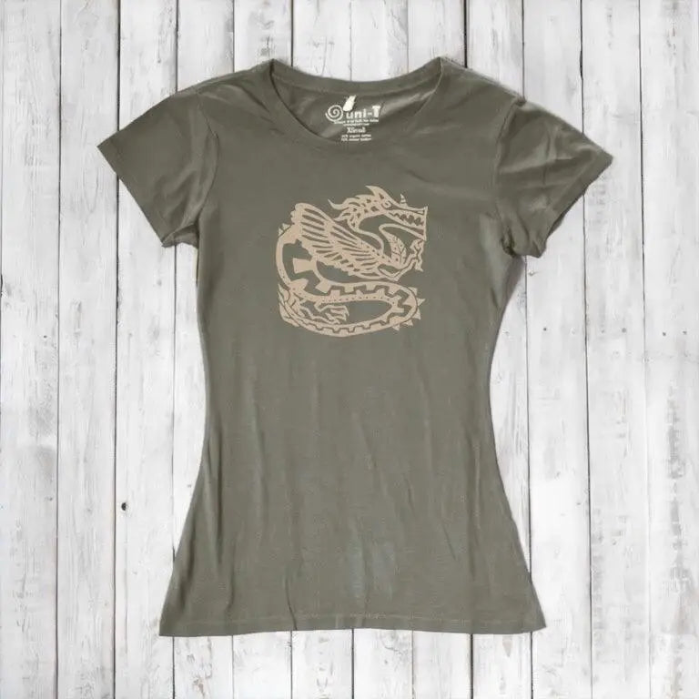 Khaki green women's bamboo & organic cotton T-shirt with beige dragon design, eco-friendly apparel for mythology enthusiasts.