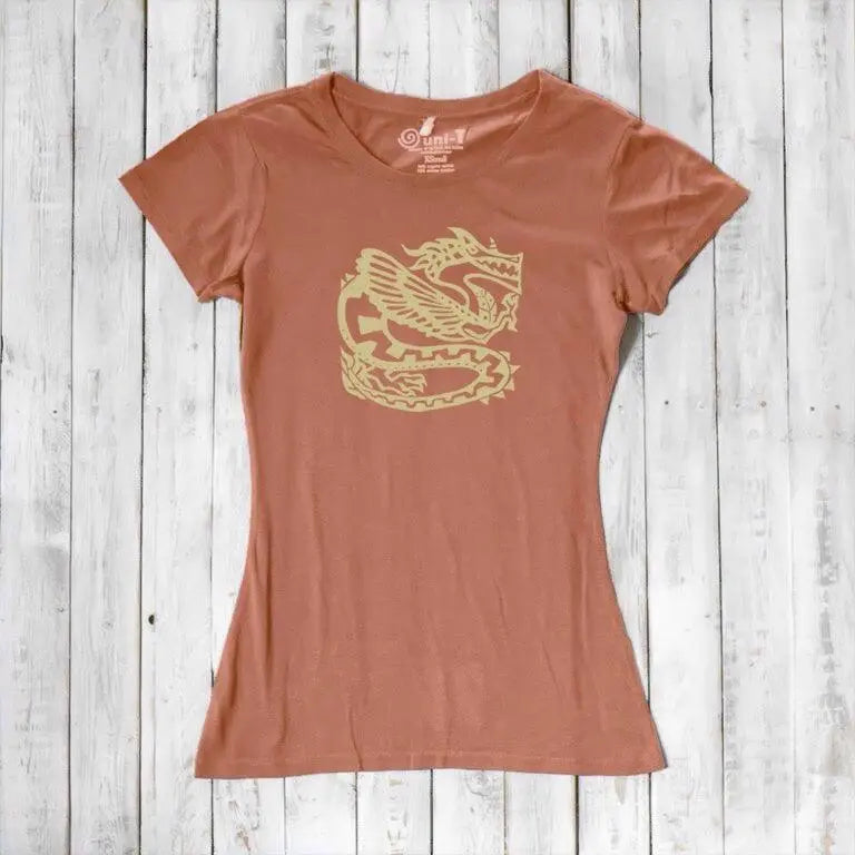Terracotta women's dragon T-shirt in bamboo & organic cotton with golden fantasy graphic, a unique gift for dragon art fans.