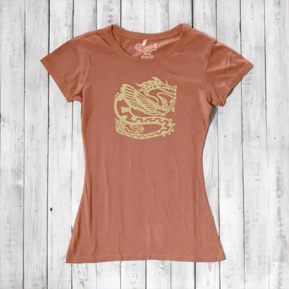 Terracotta women's dragon T-shirt in bamboo & organic cotton with golden fantasy graphic, a unique gift for dragon art fans.