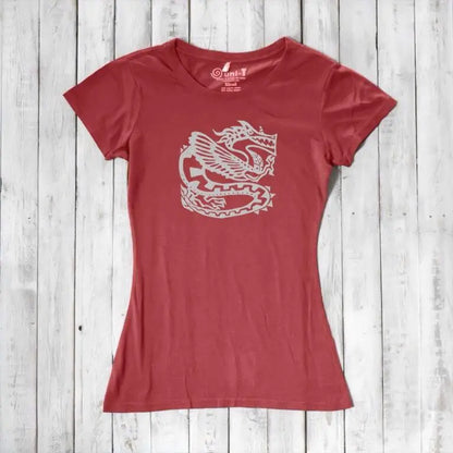 Red clay women's bamboo & organic cotton T-shirt with white dragon print, modern fantasy style for eco-conscious wardrobes.