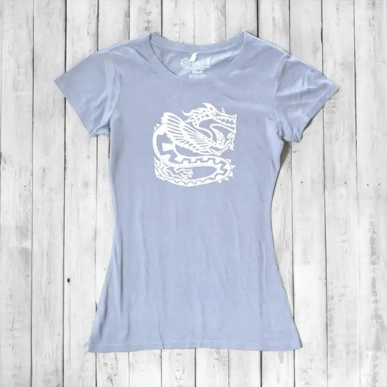 Ocean blue women's dragon T-shirt in bamboo & organic cotton with white fantasy dragon graphic, soft and sustainable gift idea.