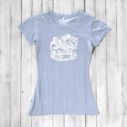 Ocean blue women's dragon T-shirt in bamboo & organic cotton with white fantasy dragon graphic, soft and sustainable gift idea.