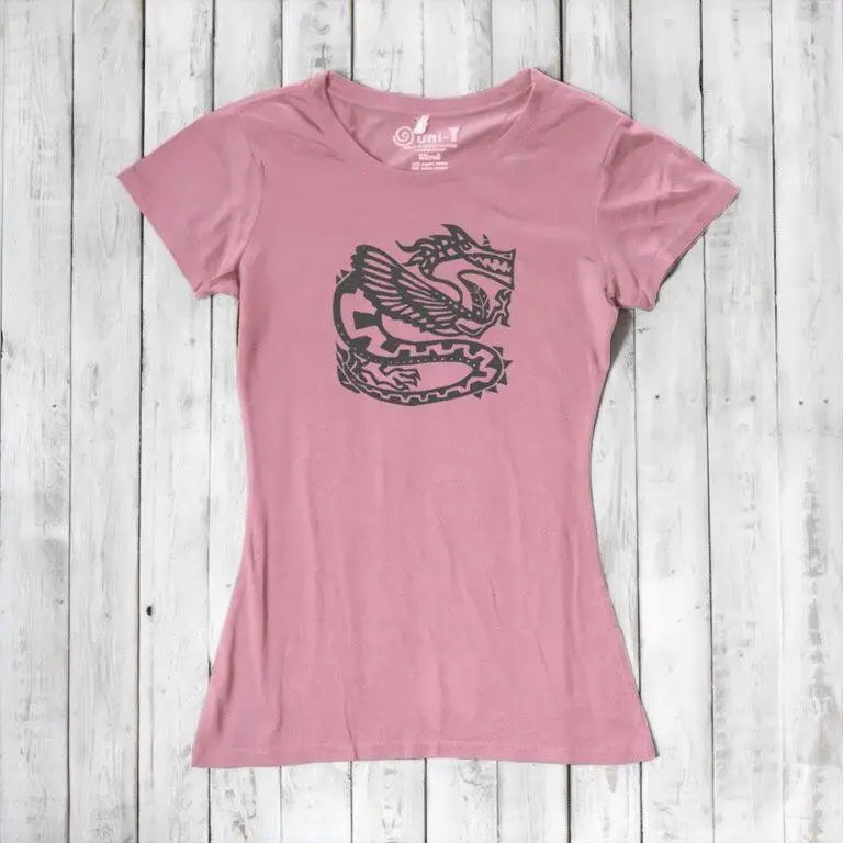 Rustic pink women's bamboo & organic cotton T-shirt with dark dragon illustration, stylish eco-friendly top for fantasy lovers.