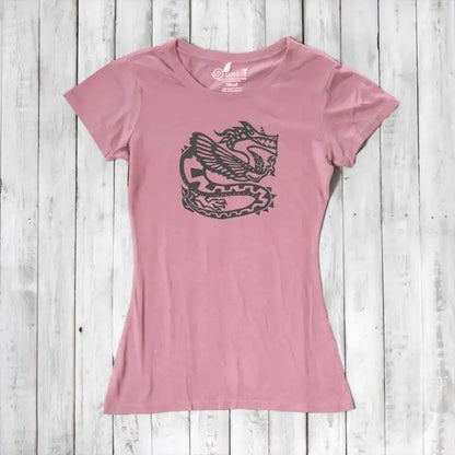 Rustic pink women's bamboo & organic cotton T-shirt with dark dragon illustration, stylish eco-friendly top for fantasy lovers.