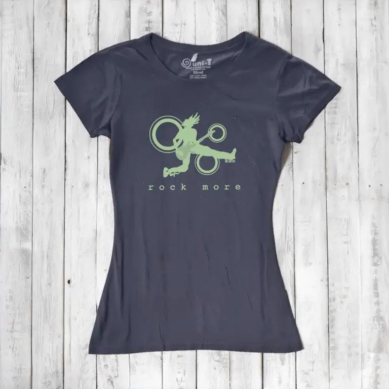 Women's Guitar T-Shirt in navy bamboo cotton with green 'Rock More' graphic, sustainable concert tee for music lovers.