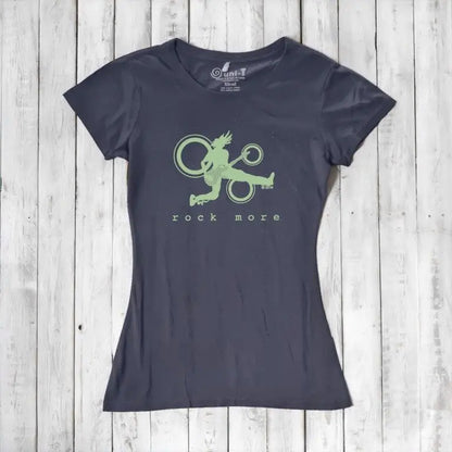 Women's Guitar T-Shirt in navy bamboo cotton with green 'Rock More' graphic, sustainable concert tee for music lovers.