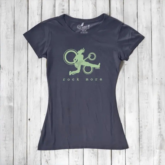 Women's Guitar T-Shirt in navy bamboo cotton with green 'Rock More' graphic, sustainable concert tee for music lovers.