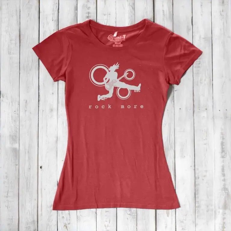Red organic cotton women's guitar tee with white 'Rock More' design, eco-friendly music-themed shirt for musicians.