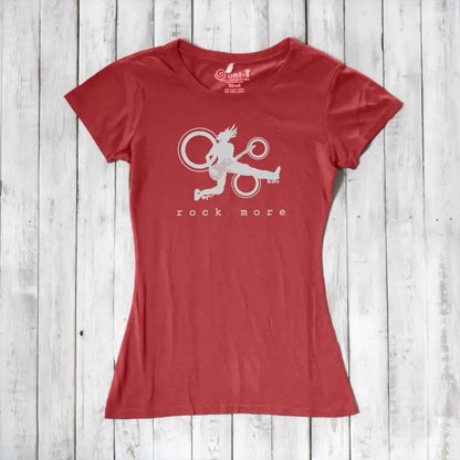Red organic cotton women's guitar tee with white 'Rock More' design, eco-friendly music-themed shirt for musicians.