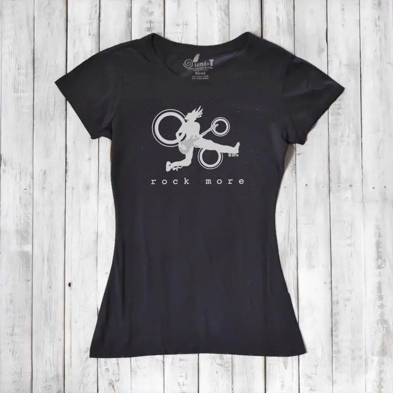 Black bamboo blend women's t-shirt featuring white 'Rock More' guitar graphic, ideal sustainable gift for rock fans.
