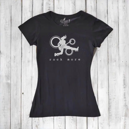Black bamboo blend women's t-shirt featuring white 'Rock More' guitar graphic, ideal sustainable gift for rock fans.