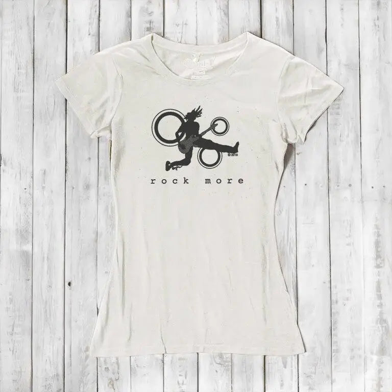 Ivory women's t-shirt in bamboo cotton with bold black 'Rock More' guitar print, perfect for eco-conscious music lovers.