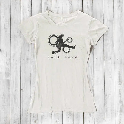 Ivory women's t-shirt in bamboo cotton with bold black 'Rock More' guitar print, perfect for eco-conscious music lovers.
