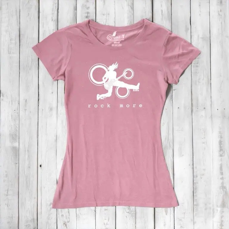 Rustic pink women's guitar t-shirt with white 'Rock More' print, soft bamboo cotton blend for sustainable fashion.