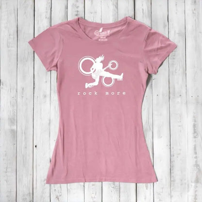 Rustic pink women's guitar t-shirt with white 'Rock More' print, soft bamboo cotton blend for sustainable fashion.