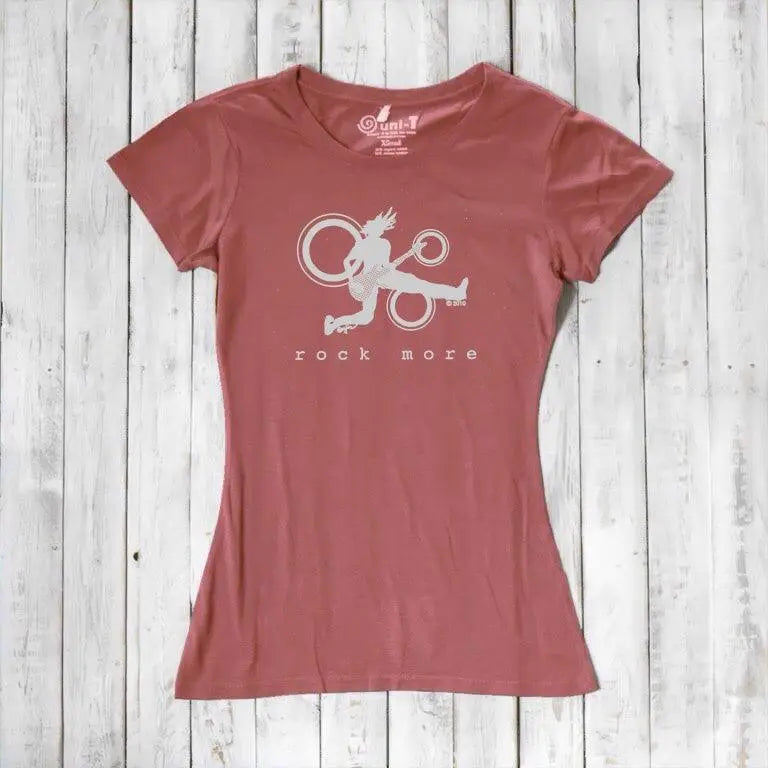 Red clay bamboo cotton women's tee with white 'Rock More' guitar graphic, stylish eco-friendly gift for musicians.
