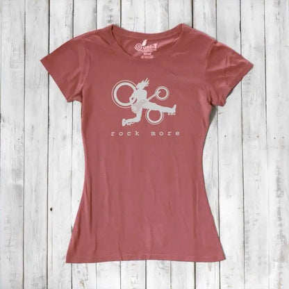 Red clay bamboo cotton women's tee with white 'Rock More' guitar graphic, stylish eco-friendly gift for musicians.