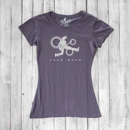 Dark purple women's t-shirt in organic cotton with white 'Rock More' music graphic, sustainable rock concert apparel.