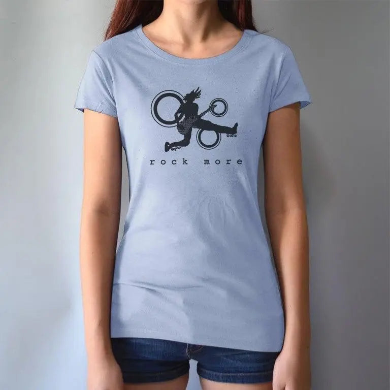 Light blue women's bamboo cotton t-shirt worn by model, featuring black 'Rock More' guitar design, eco-friendly music tee.