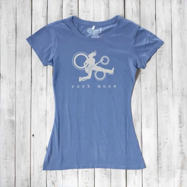 Ocean blue women's guitar t-shirt with white 'Rock More' print, made from soft bamboo and organic cotton blend.