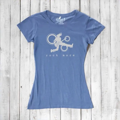 Ocean blue women's guitar t-shirt with white 'Rock More' print, made from soft bamboo and organic cotton blend.