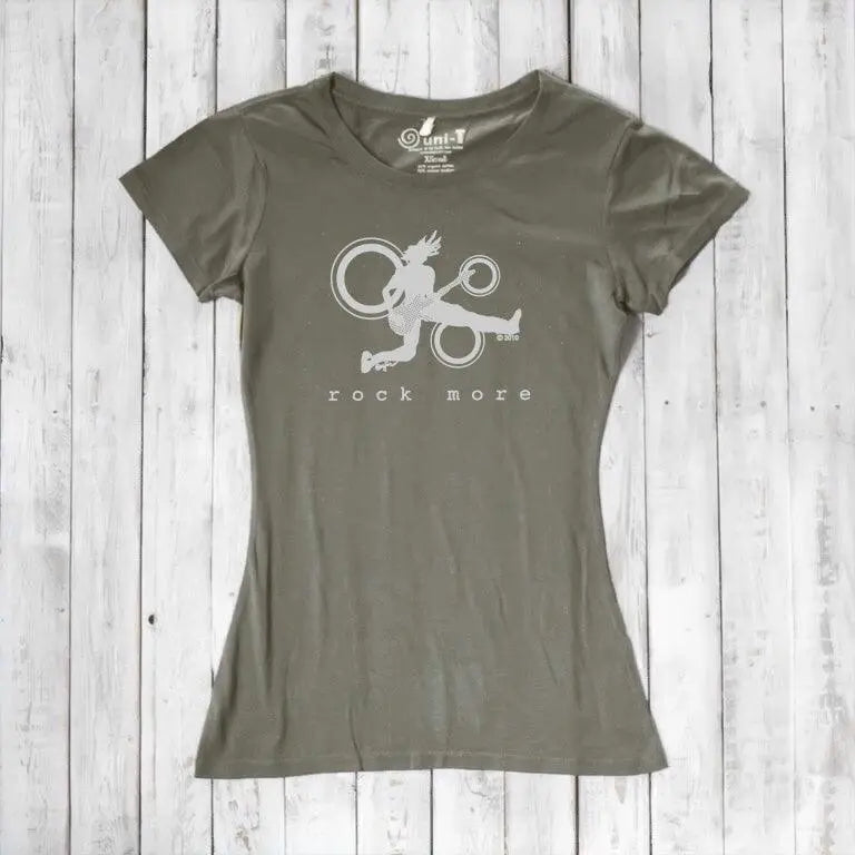 Khaki green women's bamboo cotton tee with white 'Rock More' guitar graphic, sustainable fashion for music fans.