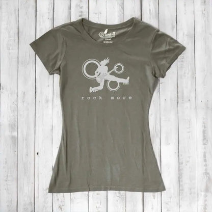 Khaki green women's bamboo cotton tee with white 'Rock More' guitar graphic, sustainable fashion for music fans.