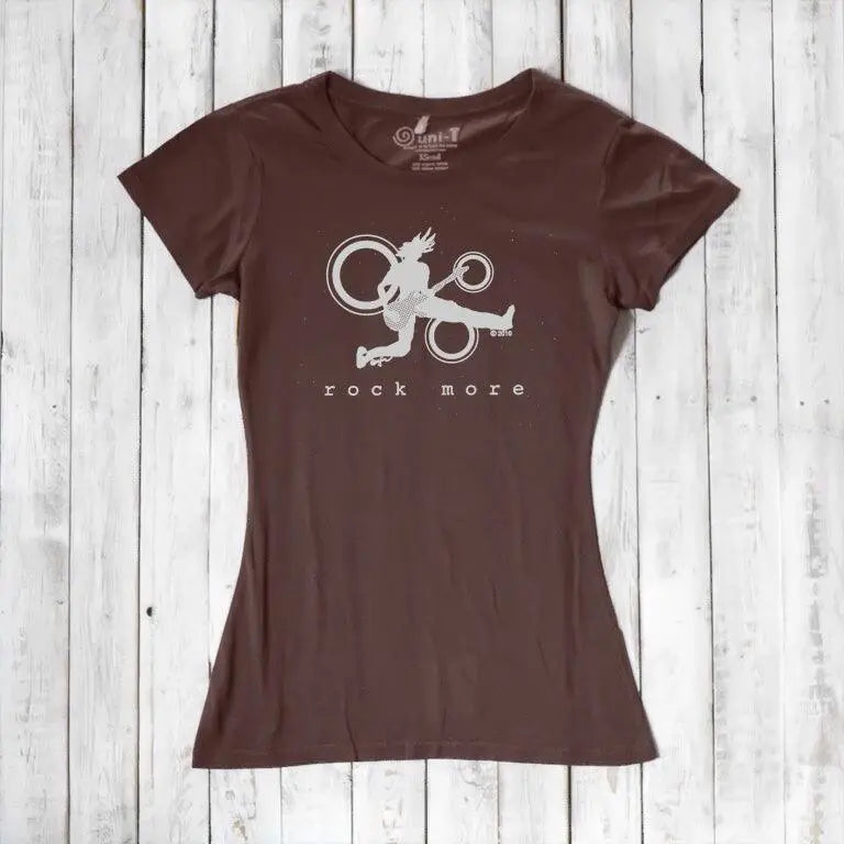 Dark brown women's guitar tee with white 'Rock More' print, made from sustainable bamboo and organic cotton fabric.