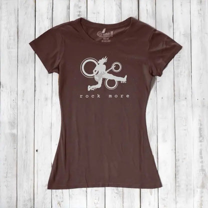 Dark brown women's guitar tee with white 'Rock More' print, made from sustainable bamboo and organic cotton fabric.