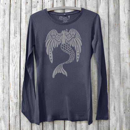 Navy bamboo women's mermaid long sleeve t-shirt featuring angel empowerment graphic 'The Magnificent' by Uni-T. Eco-friendly and fantasy-inspired.