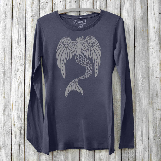 Navy bamboo women's mermaid long sleeve t-shirt featuring angel empowerment graphic 'The Magnificent' by Uni-T. Eco-friendly and fantasy-inspired.