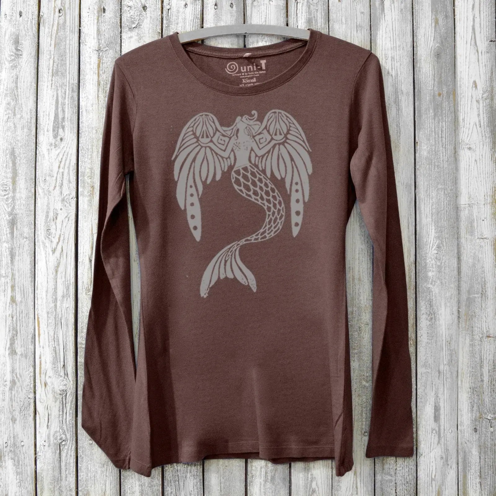 Brown bamboo blend women's long sleeve t-shirt with mythical mermaid and angel wings graphic, 'The Magnificent' by Uni-T. Empowering and eco-conscious.
