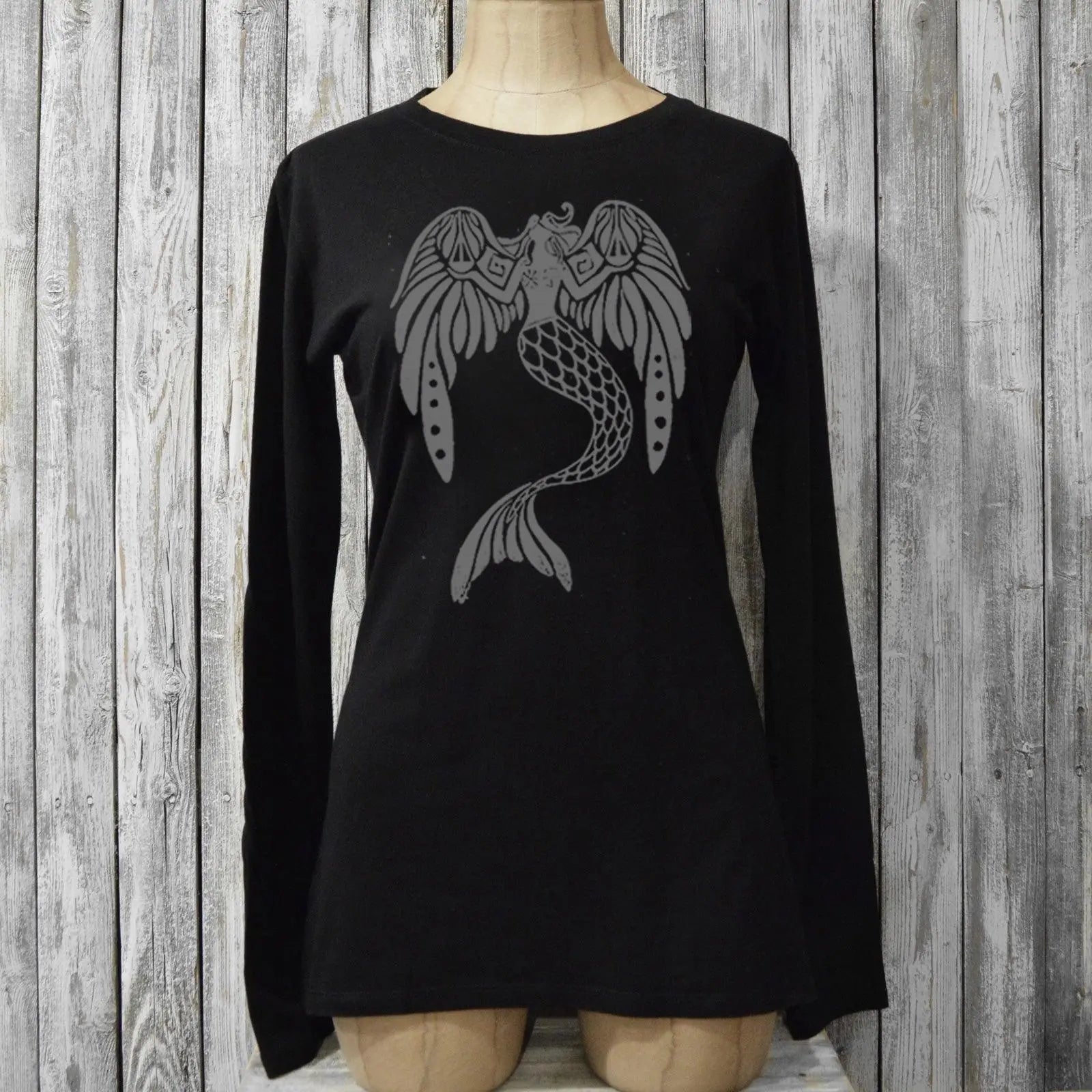 Black women's long sleeve graphic tee with fantasy mermaid and angel wings design, 'The Magnificent' by Uni-T. Ethically made from bamboo and cotton.