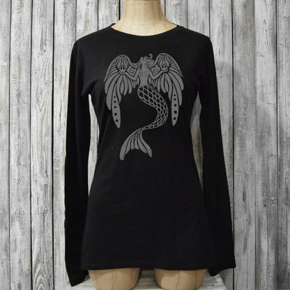 Black women's long sleeve graphic tee with fantasy mermaid and angel wings design, 'The Magnificent' by Uni-T. Ethically made from bamboo and cotton.