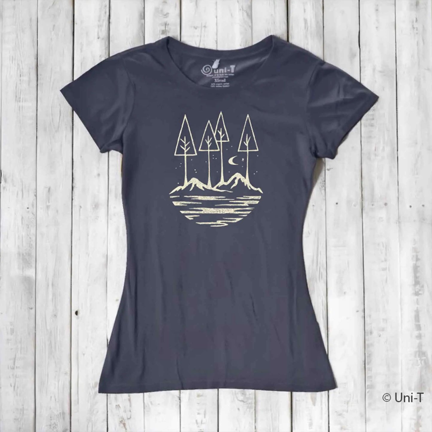 Women's bamboo and organic cotton graphic tee in charcoal with minimalist mountain and forest design. Eco-friendly nature lover shirt by Uni-T.