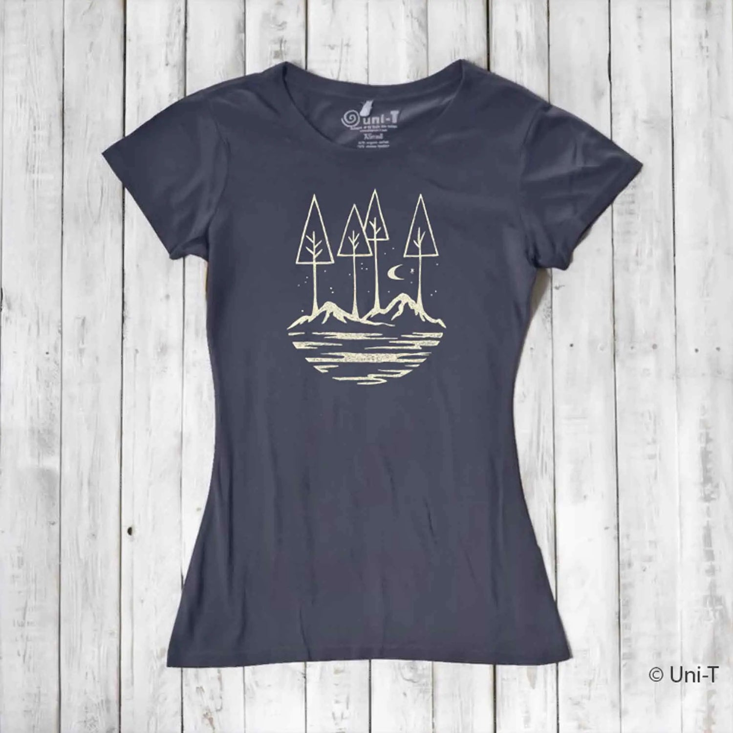 Women's bamboo and organic cotton graphic tee in charcoal with minimalist mountain and forest design. Eco-friendly nature lover shirt by Uni-T.