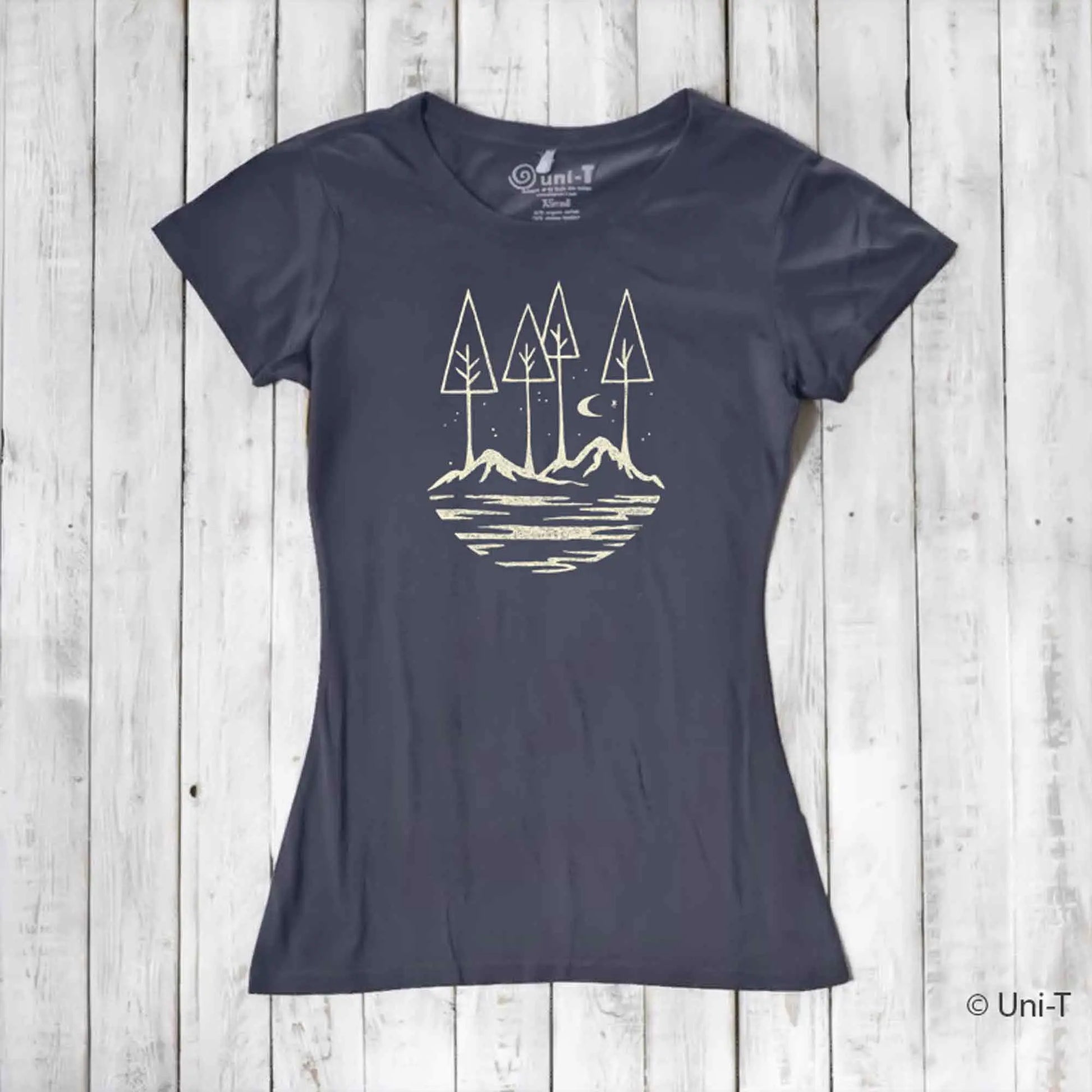 Women's bamboo and organic cotton graphic tee in charcoal with minimalist mountain and forest design. Eco-friendly nature lover shirt by Uni-T.