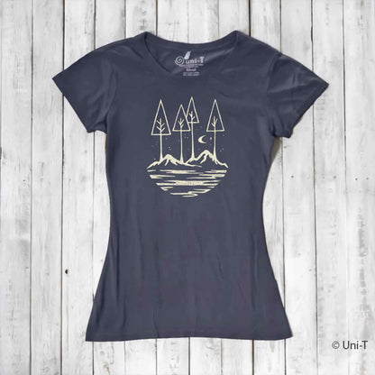 Women's bamboo and organic cotton graphic tee in charcoal with minimalist mountain and forest design. Eco-friendly nature lover shirt by Uni-T.