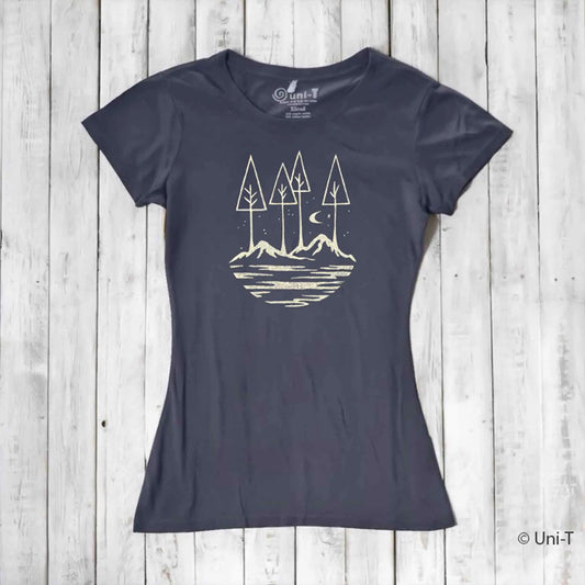 Women's bamboo and organic cotton graphic tee in charcoal with minimalist mountain and forest design. Eco-friendly nature lover shirt by Uni-T.